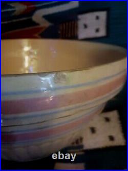 Awesome Lg. Antique Crock Mixing Bowl Pink Blue Stripe Yellow Ware Very Nice