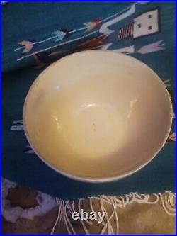 Awesome Lg. Antique Crock Mixing Bowl Pink Blue Stripe Yellow Ware Very Nice