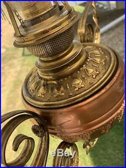 Brass Library Victorian Chandelier Hanging Oil Lamp. Very Nice Antique 31