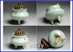 Chinese Antique Celadon Incense Burner and Wooden Stand / Very Nice
