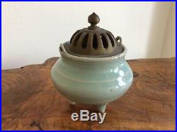 Chinese Antique Celadon Incense Burner and Wooden Stand / Very Nice