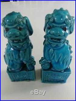 Chinese Foo Dogs Turquoise Blue Ceramic 5 3/4 Pair Very Nice