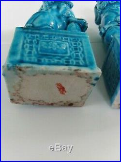 Chinese Foo Dogs Turquoise Blue Ceramic 5 3/4 Pair Very Nice