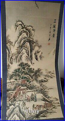 Chinese Vintage Long Scroll Painting Mountain Scenery 66x27- Very Nice
