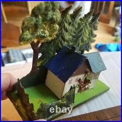 FOUR VILLAGE ANTIQUE GERMAN CARDBOARD PUTZ HOUSES PAINTED With Foliage VERY NICE