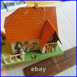 FOUR VILLAGE ANTIQUE GERMAN CARDBOARD PUTZ HOUSES PAINTED With Foliage VERY NICE