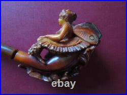 J2689 Antique French Elf Amber Pipe Very Nice Carved Rare See Decrip