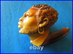 J4219 Antique Amber Pipe African Head Bearded Very Nice Carved See Decrip