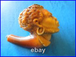 J4219 Antique Amber Pipe African Head Bearded Very Nice Carved See Descrip