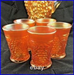 Northwood Grape Arbor Carnival Glass 6 Piece Water Set, Marigold Very Nice