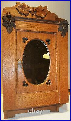 Ornate C. 1890 Antique Oak Medicine Cabinet Oval Mirror Towel Bar VERY NICE