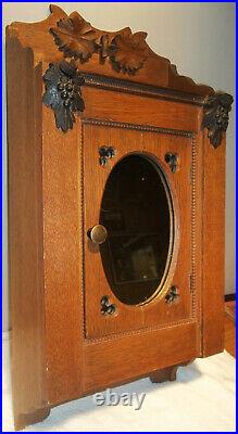 Ornate C. 1890 Antique Oak Medicine Cabinet Oval Mirror Towel Bar VERY NICE