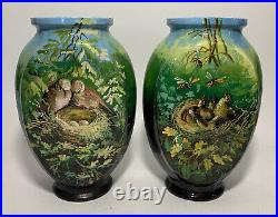 Pair Antique Late 19thC French Limoges Barbotine Bird Vases Very Nice
