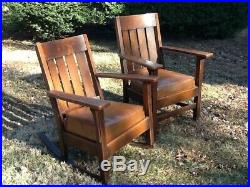 Pair Very Nice Antique / Vintage Stickley Style Mission Oak Arts & Crafts Chairs