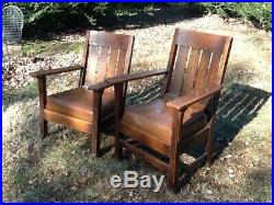 Pair Very Nice Antique / Vintage Stickley Style Mission Oak Arts & Crafts Chairs