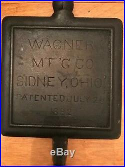 Rare Vintage 1892 Wagner Square Cast Waffle Iron Wood Handles Antique Very Nice