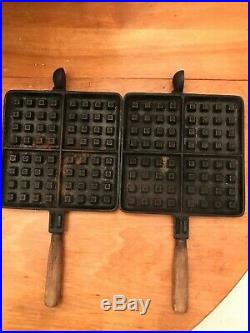 Rare Vintage 1892 Wagner Square Cast Waffle Iron Wood Handles Antique Very Nice