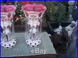 STUNNING PAIR ANTIQUE BOHEMIAN GLASS MANTLE LUSTERS 16 inches tall VERY NICE
