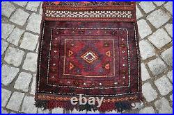 Terrific Antique Tribal Saddlebag Rug 20'' x 43'' Turkoman Tribal Saddlebag Rug
