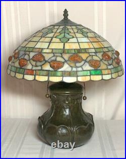 Tiffany, Grueby Inspired Oak Leaves And Acorn Leaded Glass Table Lamp, Very Nice