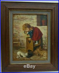 Top 19th Century Oil Panel Painting Child Afraid Of Cat Very Nice Lovely Antique