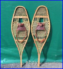 VERY OLD HURON SNOWSHOES 37x11 with Red Pompoms ANTIQUE SNOW SHOES NICE PATINA