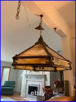 Very Large Arts And Crafts Antique Brass Slag Glass Hanging Lamp Rewired NICE