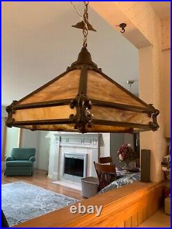 Very Large Arts And Crafts Antique Brass Slag Glass Hanging Lamp Rewired NICE