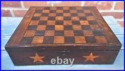 Very Nice 19th Century Inlaid Game Box, Dovetailed, Checkers & Chess Pieces
