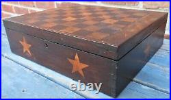 Very Nice 19th Century Inlaid Game Box, Dovetailed, Checkers & Chess Pieces