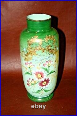 Very Nice Antique 9 Tall Bristol Hand Painted Floral Green Victorian Glass Vase