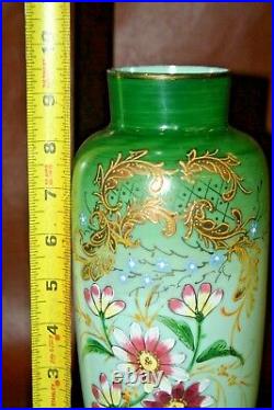 Very Nice Antique 9 Tall Bristol Hand Painted Floral Green Victorian Glass Vase