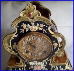 Very Nice Antique Ansonia Majolica China Case Clock Running 13 1/2 Tall