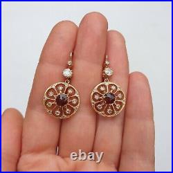 Very Nice Antique Artnouveau Earring With Garnet And Old Cut Natural Diamonds