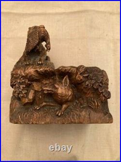 Very Nice Antique Carved Folk Art Group with Two Foxes, One with Game