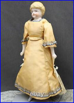Very Nice Antique German China Doll Blonde Hair & Peach Color Dress