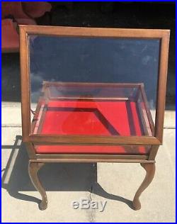 Very Nice Antique Glass Top Jewelry Display Case Or Wood Side Table W Red Velvet