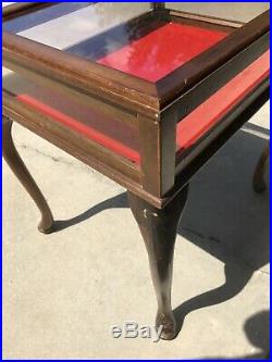 Very Nice Antique Glass Top Jewelry Display Case Or Wood Side Table W Red Velvet