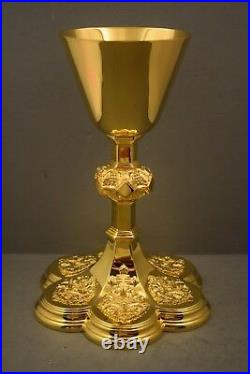 + Very Nice Antique Gothic Chalice + All 24k Goldplated + 9 1/4 ht. + (H28837)