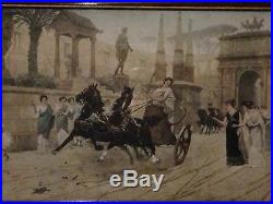 Very Nice Antique Roman Chariot Racing Hand Colored Etching by Ettore Forti