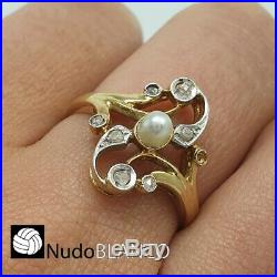Very Nice Art Nouveau Antique Ring Genuine Rose Cut Diamonds 18ct And Pearl