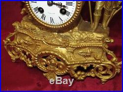 Very Nice French Gilt Metal 8 Day Mantle Clock With Figure