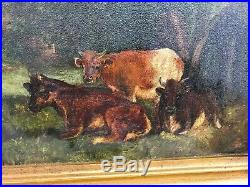 Very Nice Orig. Antique 19thC Naive Maine Farm House Cows Oil Painting