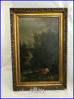 Very Nice Orig. Antique 19thC Naive Maine Farm House Cows Oil Painting