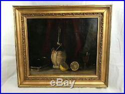Very Nice Orig. Antique 19thC Naive Still Life Oil Painting Wine Bottle Lemon ME
