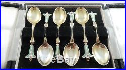 Very Nice Quality Set Of Sterling Silver Enamel Coffee Spoons Birmingham 1959