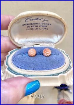 Very Nice Vintage 14 Kt. Gold Carved Angelskin Coral Rose Stud Earrings