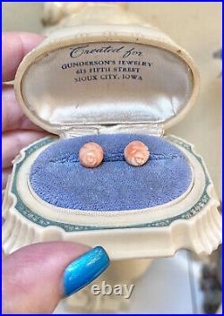 Very Nice Vintage 14 Kt. Gold Carved Angelskin Coral Rose Stud Earrings