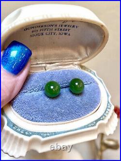 Very Nice Vintage 14 Kt. Yellow Gold 9 MM Round Nephrite Jade Stud Earrings