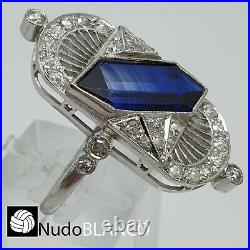 Very Nice Vintage Art Deco Ring Platinum Natural Old Cut Diamonds And Blue Stone